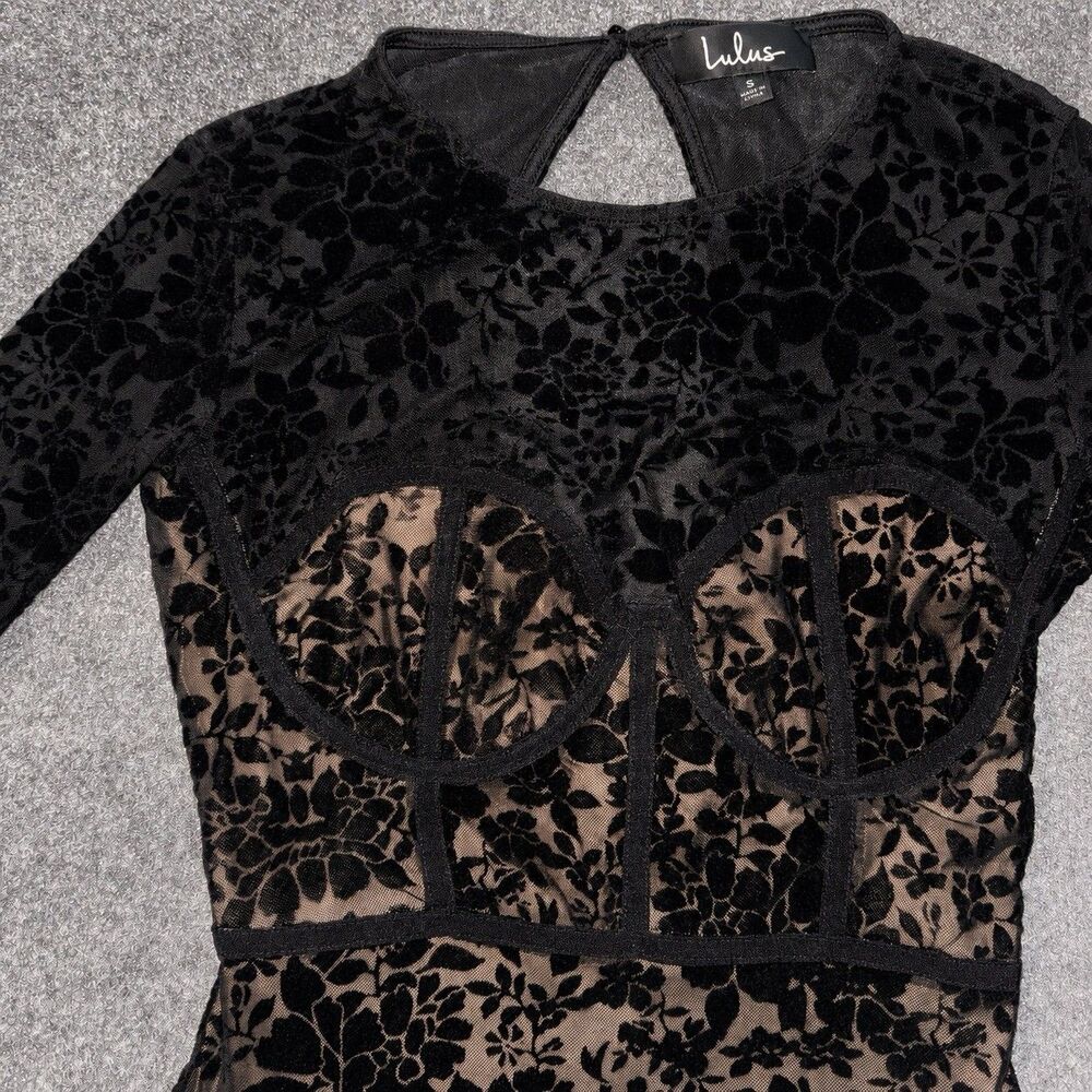 NWT Lulus Black Floral Burnout Velvet Corset Bodycon Mini Dress S - Picture 5 of 10